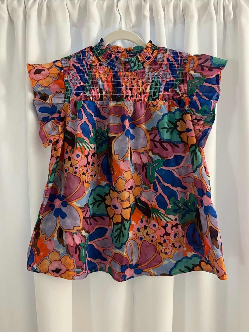 Women's Floral Smocked Neck Flutter Sleeve Top - Multicolor